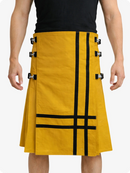 Mustard Yellow kilt with black straps and lines on a white background