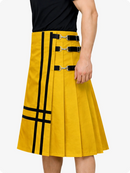 Mustard Yellow kilt with black straps and buckles on a white background