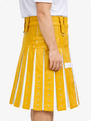 Yellow kilt with white accents worn by a person on a white background