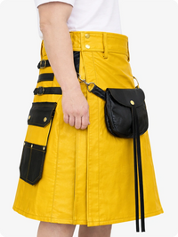 Mustard Yellow Leather Utility Kilt with Black Accents & Detachable Pockets