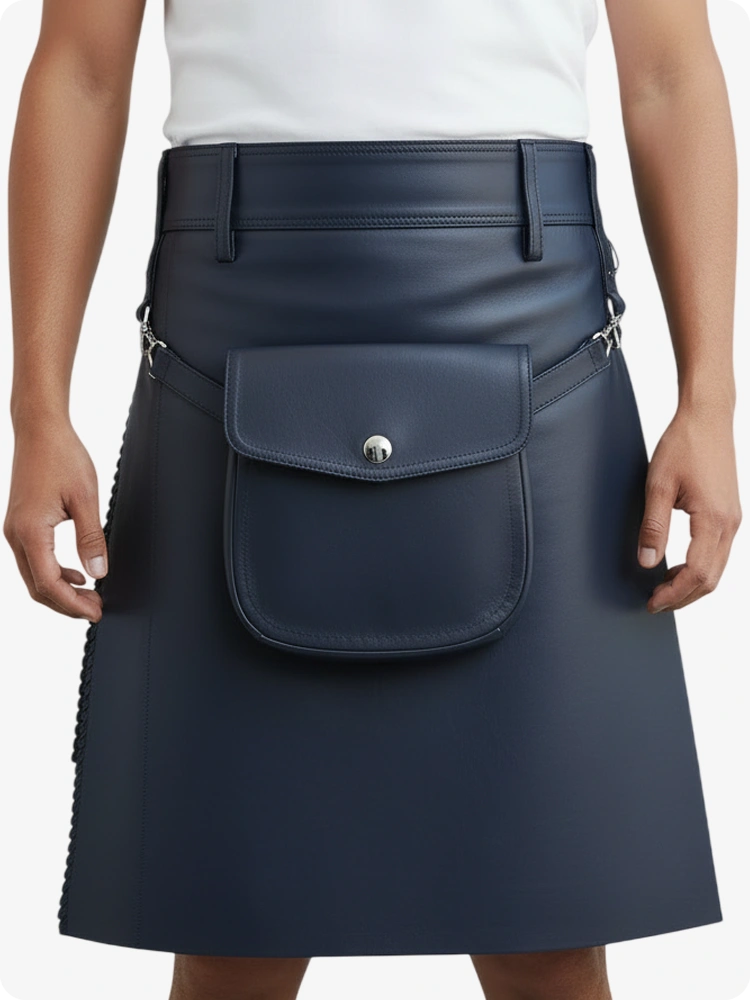 Kilt de cuero plisado azul marino con trabillas y correas laterales
