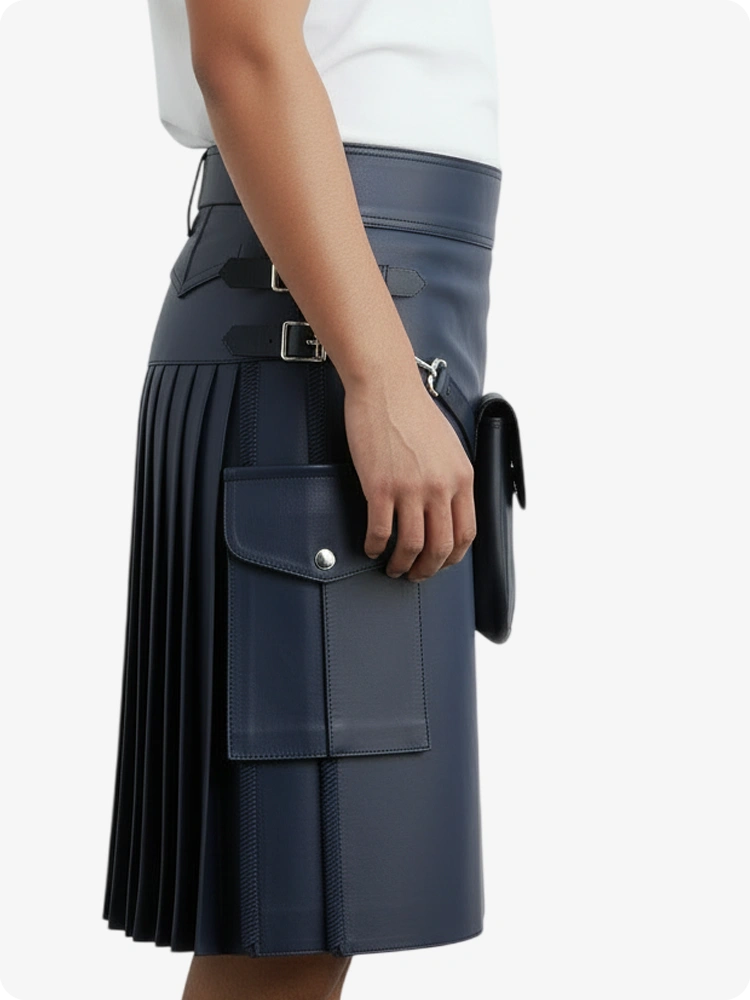 Kilt de cuero plisado azul marino con trabillas y correas laterales
