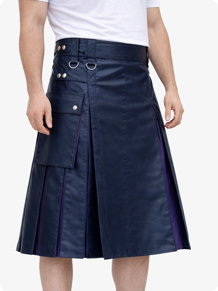 Navy Blue Leather Utility Kilt with Purple Pleats, Side Pockets & D-Ring Hardware