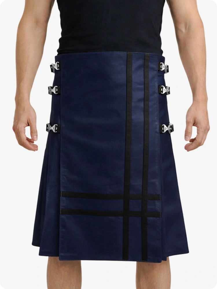 Navy blue kilt with silver buttons on a white background