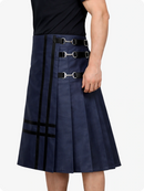 Navy blue skirt with silver buckles on a white background
