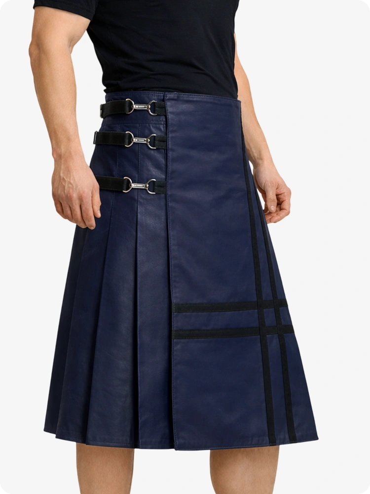 Navy blue skirt with black accents worn by a person on a white background