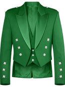 A bright green satin blazer jacket with wide lapels, double-breasted silver-tone buttons, and matching green vest and trousers, shown on a plain white background.