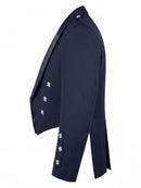 A navy blue double-breasted blazer shown from a side profile view, featuring silver-toned rectangular buttons on the front and cuffs, set against a plain white background.
