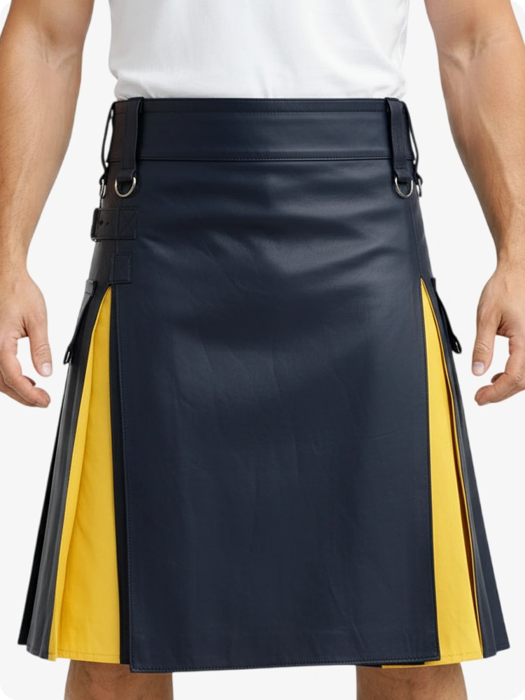 Kilt de cuero azul marino y amarillo con bolsillos cargo