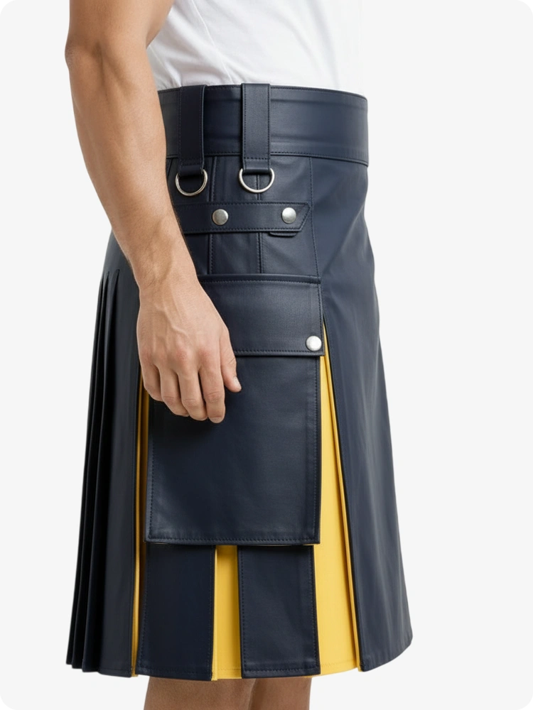 Kilt de cuero azul marino y amarillo con bolsillos cargo