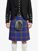 Person wearing a black jacket and blue plaid kilt with a sporran on a white background