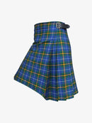 Blue and green plaid kilt with a belt on a white background