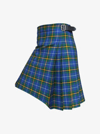 Blue and green plaid kilt with a belt on a white background