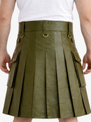 Olive Green Genuine Leather Utility Kilt with Cargo Pockets & D-Rings
