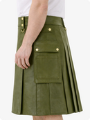 Olive Green Genuine Leather Utility Kilt with Cargo Pockets & D-Rings