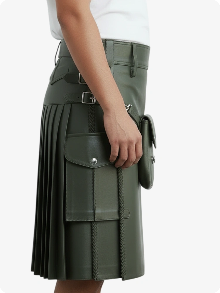 Kilt de cuero plisado verde oliva con trabillas y correas laterales