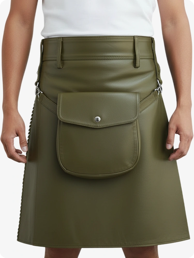 Kilt de cuero plisado verde oliva con trabillas y correas laterales