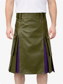 Person wearing a Olive green and purple kilt on a white background