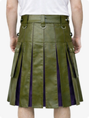 Olive Green pleated kilt with purple lining worn by a person on a white background