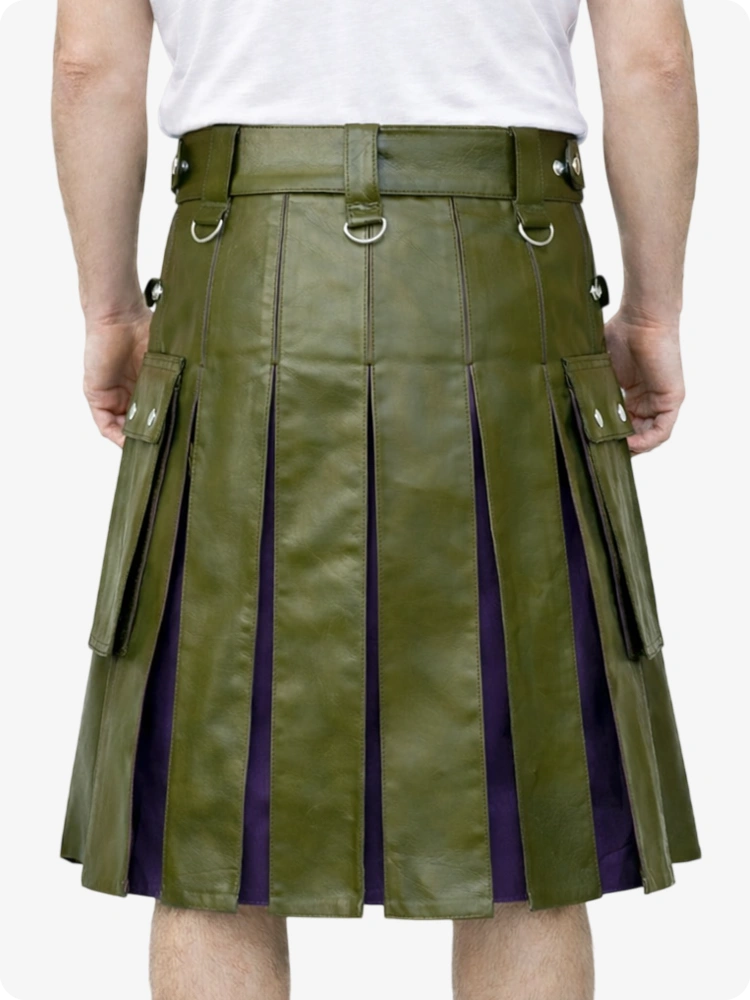 Olive Green pleated kilt with purple lining worn by a person on a white background