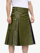 Olive Green leather kilt with purple accents on a white background