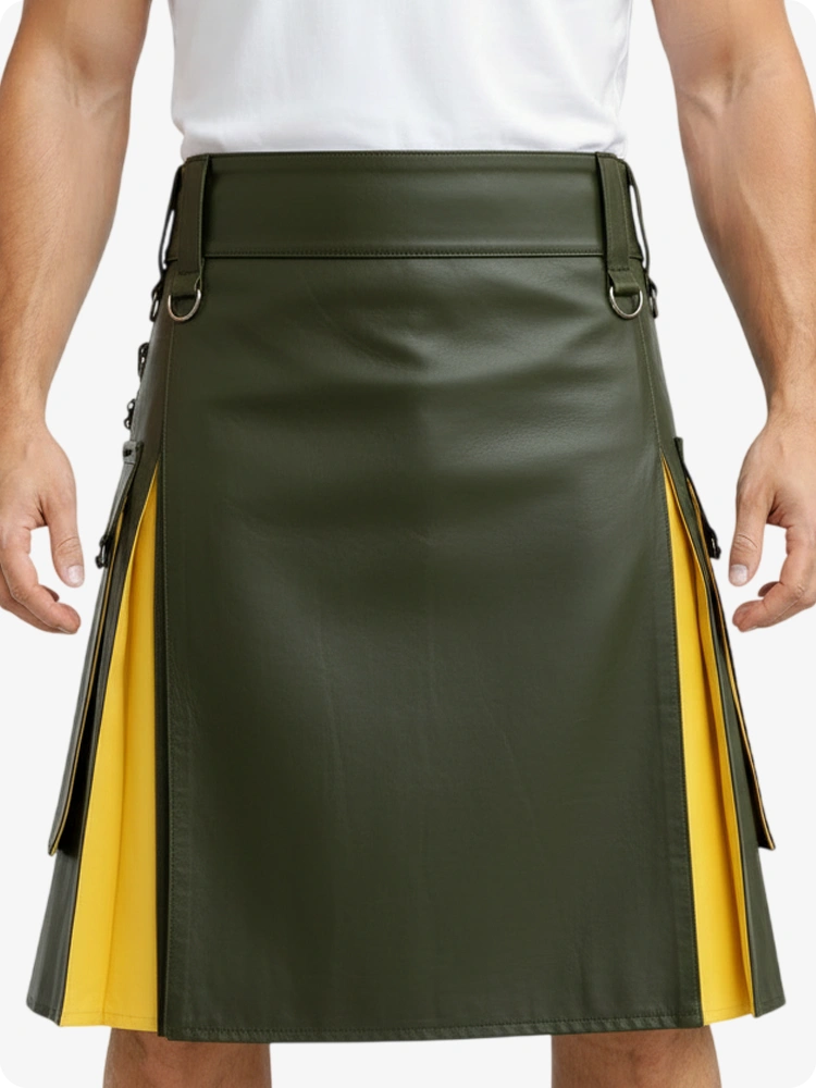 Kilt de cuero verde oliva y amarillo con bolsillos cargo