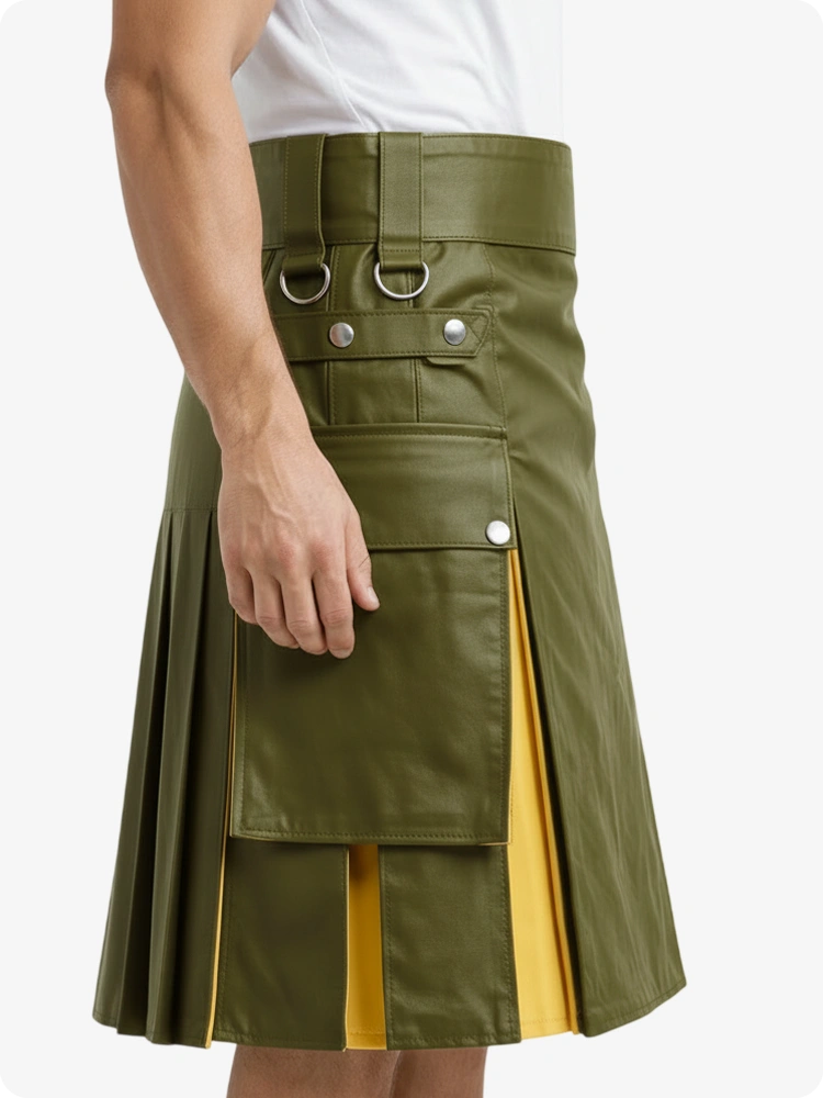 Kilt de cuero verde oliva y amarillo con bolsillos cargo