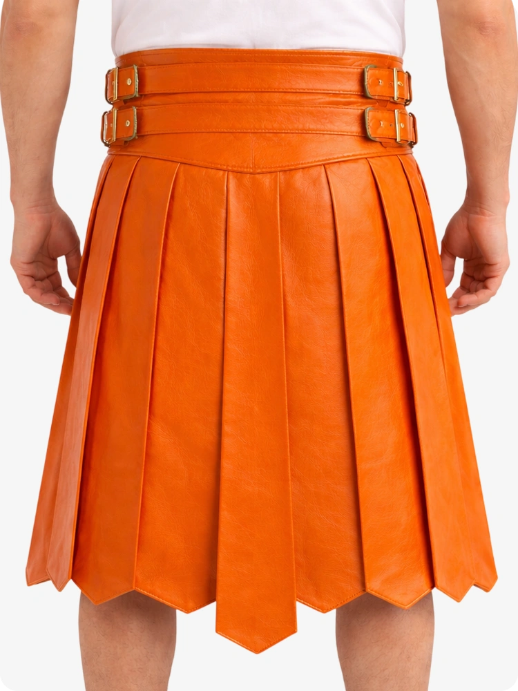 Orange pleated skirt with belt on a white background