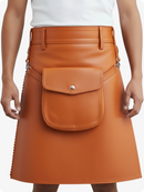 Orange leather skirt with a front pocket on a white background