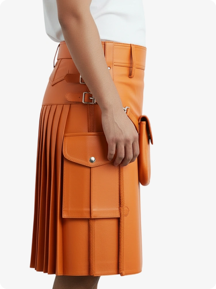 Kilt de cuero plisado naranja con trabillas y correas laterales