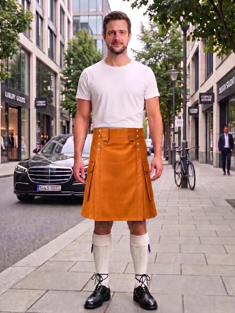 A man stands on a city sidewalk wearing a mustard-orange kilt, white t-shirt, white knee-high socks, and black leather shoes. The background shows a street with buildings, a parked black Mercedes, and a bicycle.