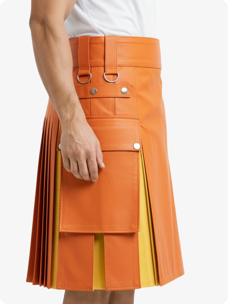 Kilt de cuero naranja y amarillo con bolsillos cargo