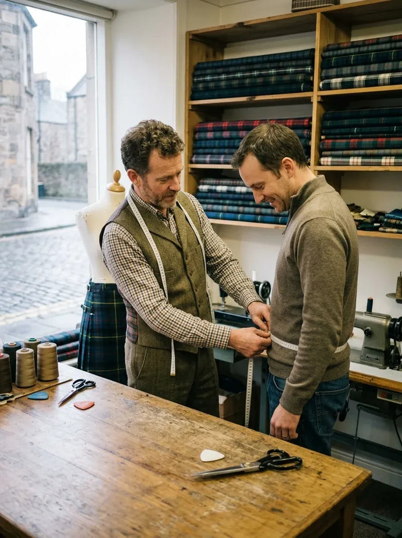 Two men in a workshop setting, one measuring the other with a tape measure.