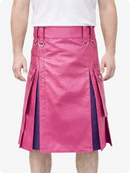 Pink Leather Utility Kilt with Purple Pleats, Side Pockets & D-Ring Hardware
