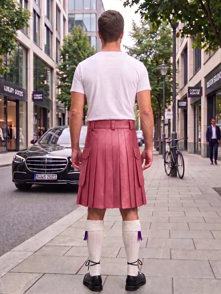 A man viewed from behind wearing a dusty rose pleated leather kilt, a white t-shirt, white knee-high socks, and black shoes, standing on a city sidewalk.