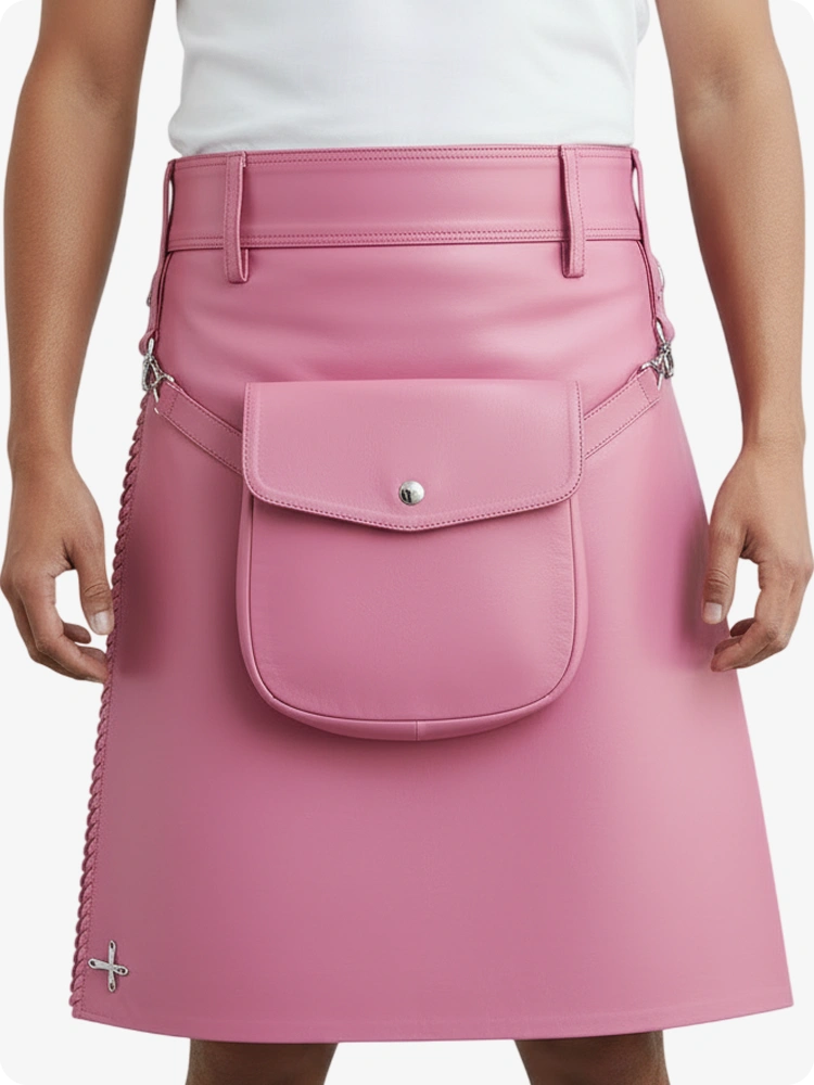 Kilt de cuero rosa plisado con trabillas y correas laterales