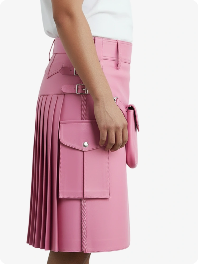 Kilt de cuero rosa plisado con trabillas y correas laterales