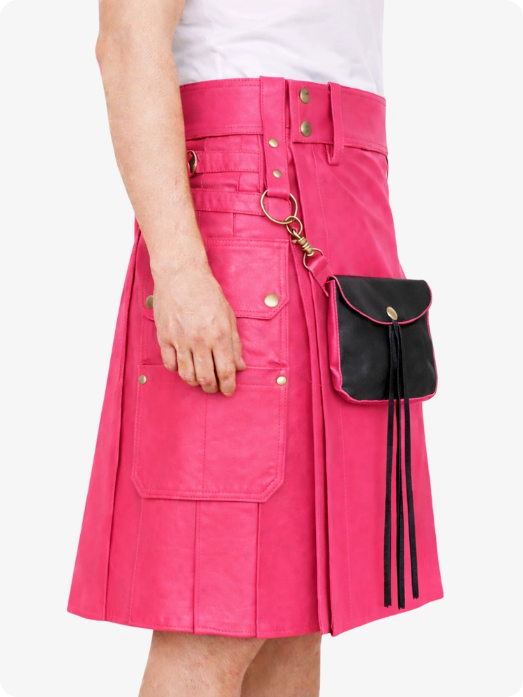 Person wearing a bright pink skirt with a black pouch on a white background
