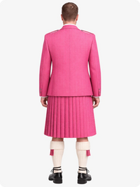Person wearing a pink kilt with a matching jacket on a white background