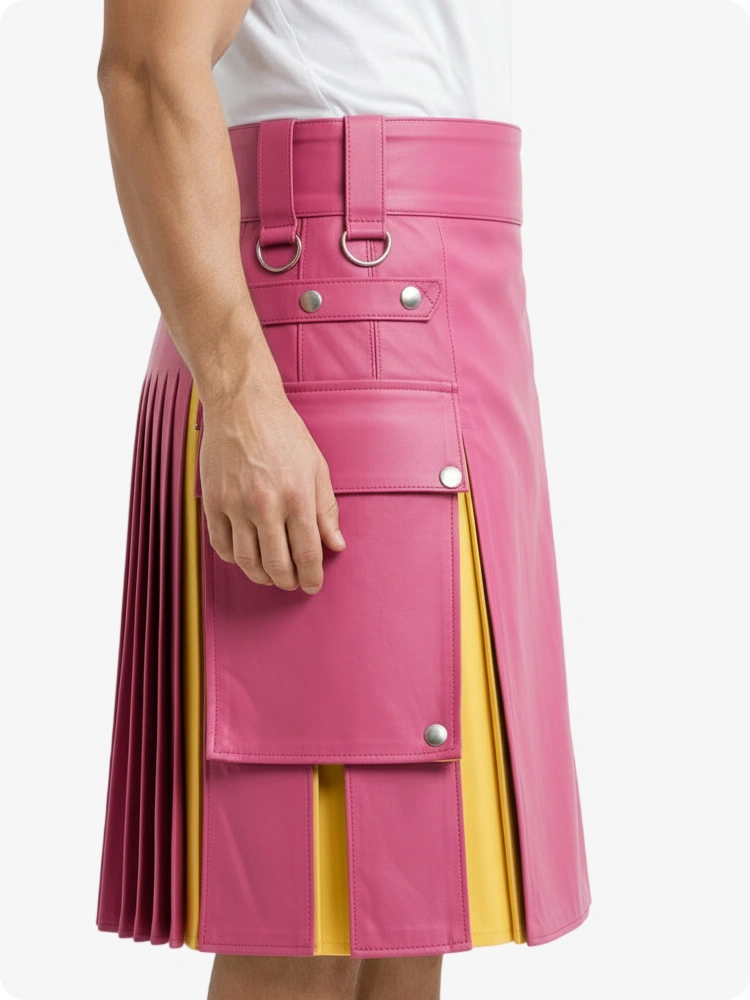 Kilt de cuero rosa y amarillo con bolsillos cargo