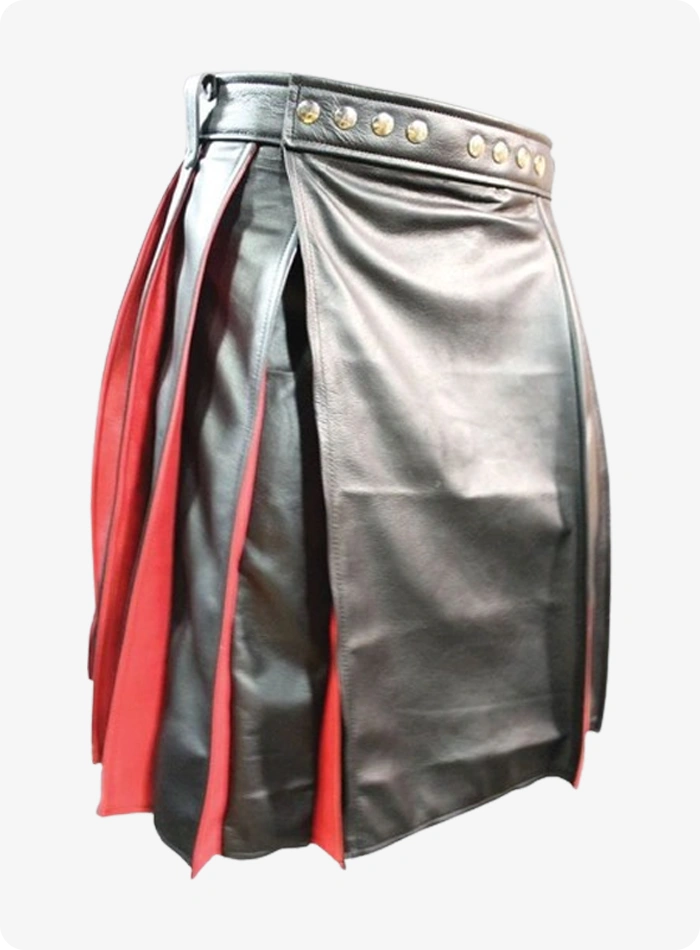 Pleated Black and Red Leather Kilt