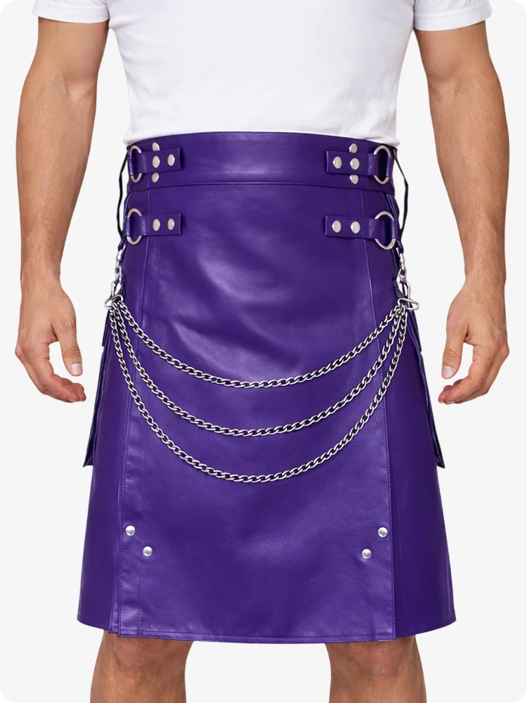 Purple Leather Utility Kilt with Chain Detailing & Adjustable Straps