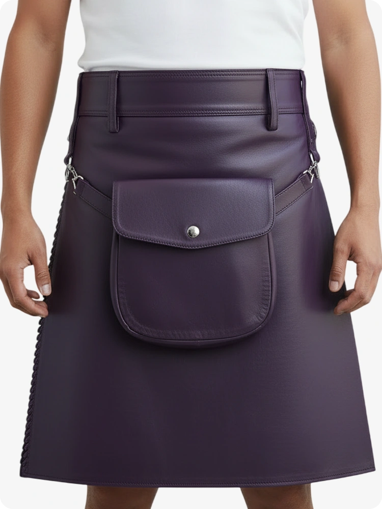 Kilt de cuero plisado morado con trabillas y correas laterales