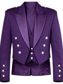 A purple double-breasted blazer with wide lapels, silver decorative studs, and matching purple trousers shown against a plain white background.