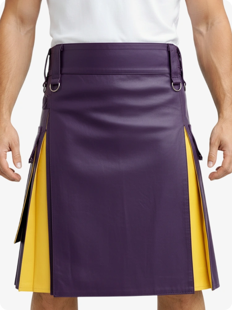 Kilt de cuero morado y amarillo con bolsillos cargo