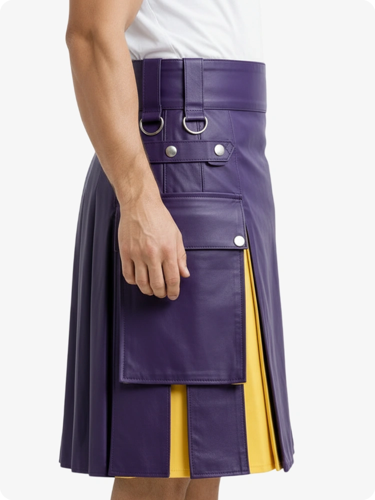 Kilt de cuero morado y amarillo con bolsillos cargo
