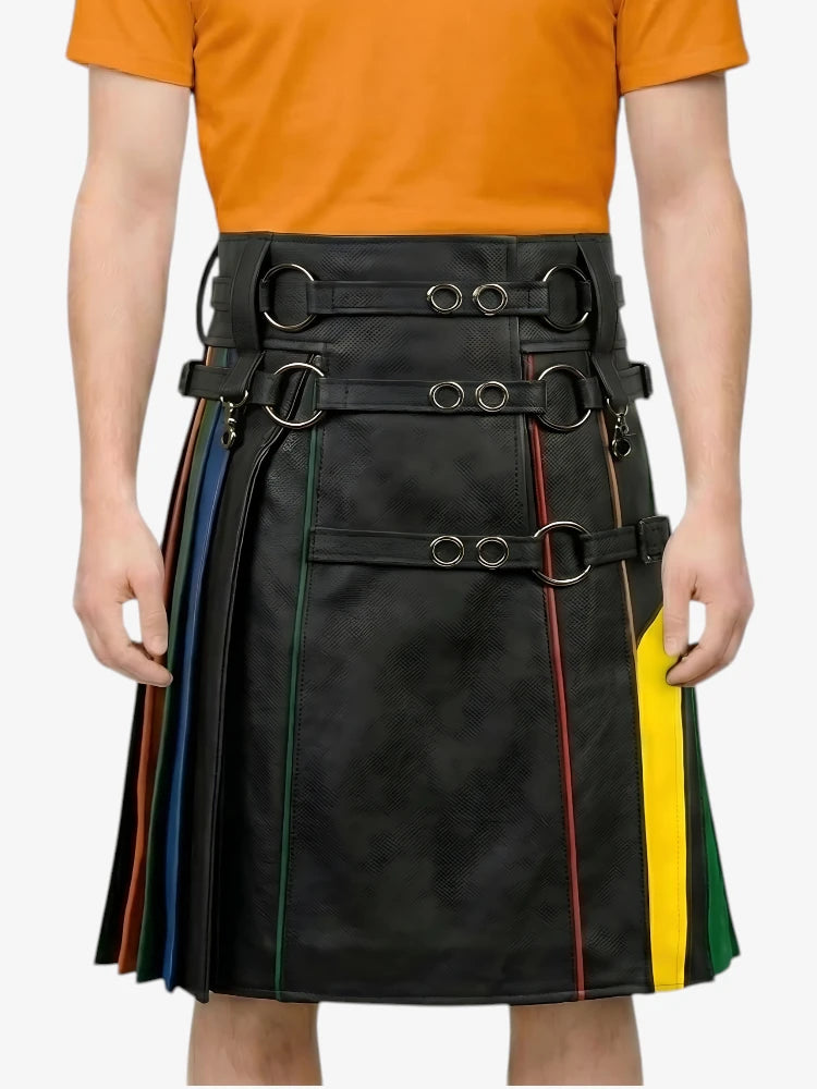 Kilt arcoíris con correa de anillo de cuero