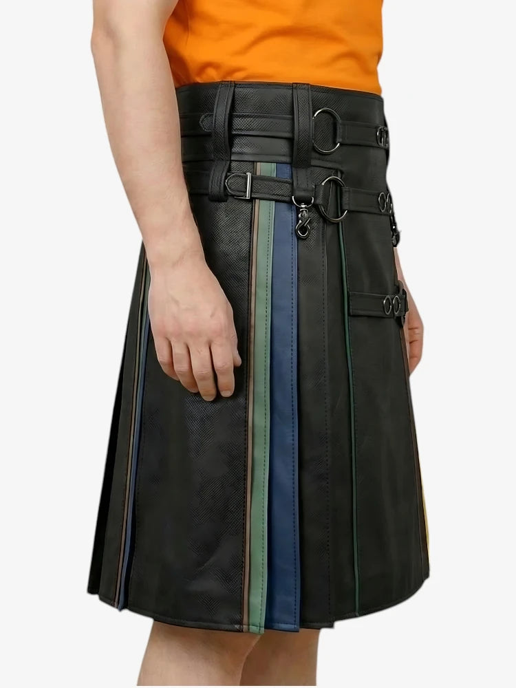 Kilt arcoíris con correa de anillo de cuero