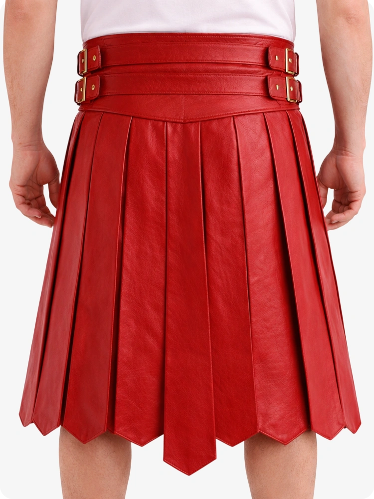 Red pleated leather skirt with gold buckles on a white background