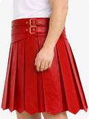 Red pleated skirt with a gold belt on a white background